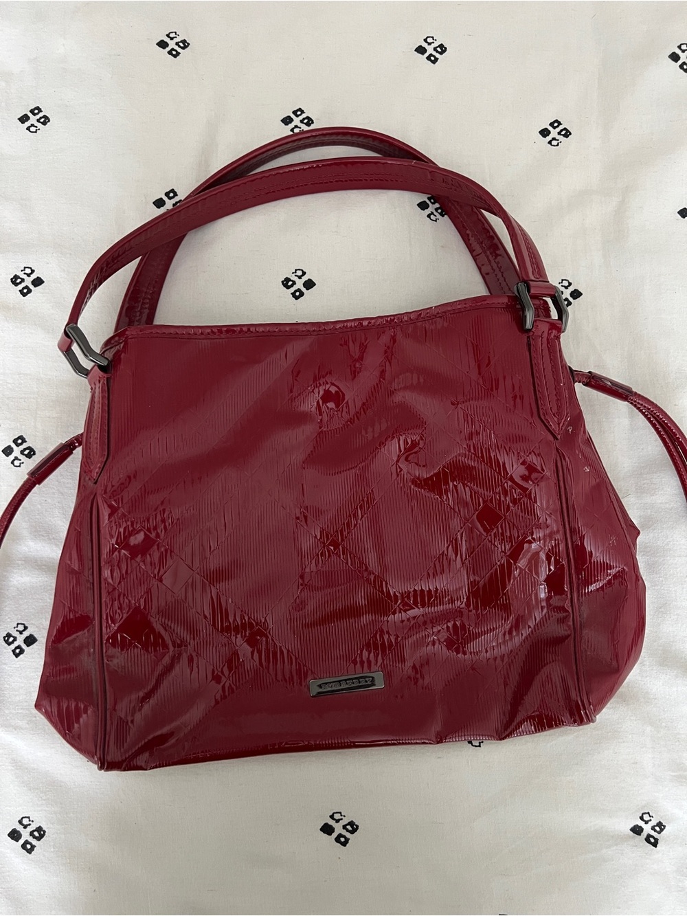 Authentic Burberry Patent Check Embossed Bilmore Handbag Purse - Rasberry